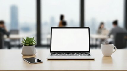 Minimalist Workspace: A Contemporary Desk Setup Featuring a Laptop, Smartphone, Potted Plant, and Coffee Cup with a View of Cityscape in Background