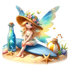 An adorable cartoon illustration of a little angel princess with pink butterfly wings holding a magic wand and a colorful cocktail