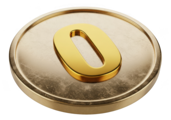 Golden number zero coin isolated on transparent background