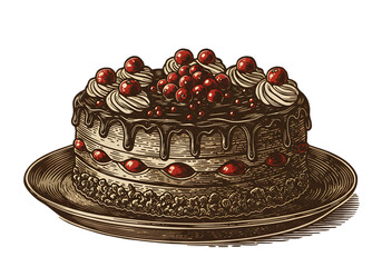 Illustration Of Chocolate Cake With Cherries On A Plate Isolated On Black Background