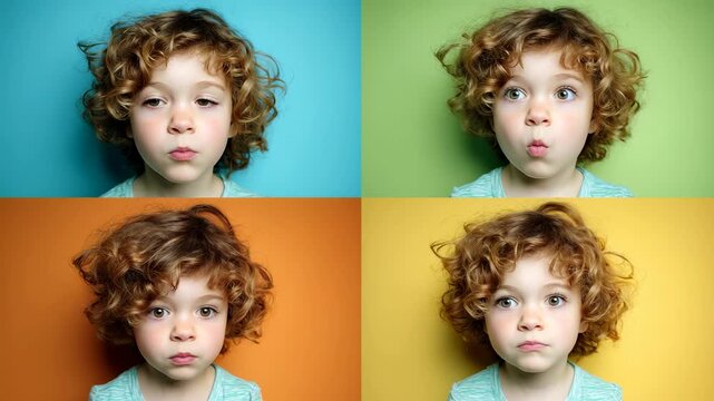 Collage of four portraits of boy with different emotions, vibrant backgrounds.