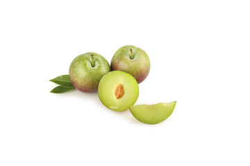 Fresh Green Plums with Slice and Leaves on White Background