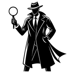 silhouette of a detective man in trench coat holding magnifying glass