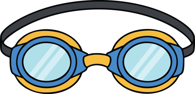 Cartoon style swim goggles with blue lenses and yellow rims on white