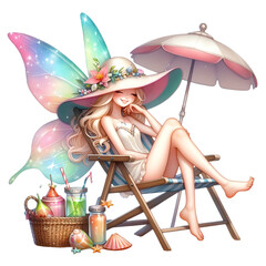 A stylish cartoon woman with a pink umbrella and a cocktail on a sunny beach, smiling on her summer vacation