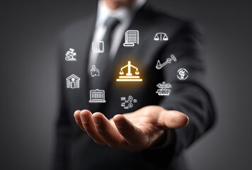 Businessman's hand holding a digital display of legal and financial icons