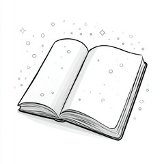 Open book with blank pages and sparkles, black and white, representing magic and imagination with copy space