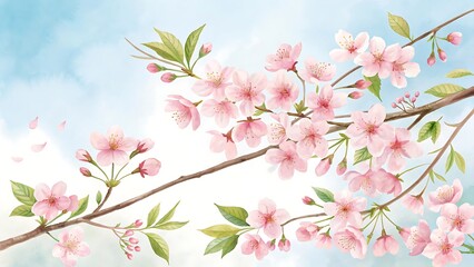 Obraz premium Delicate pink cherry blossoms bloom on branches against a soft blue sky with wispy clouds.