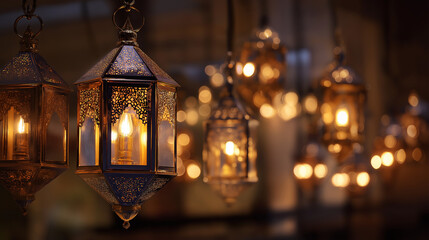 Traditional decorative lanterns glowing with warm light
