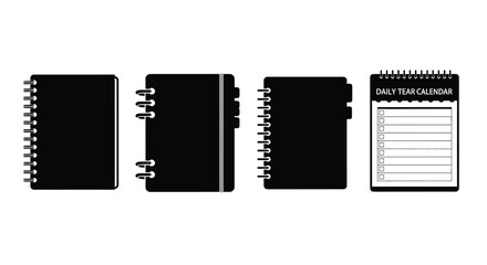 Obraz premium Collection of four black notebooks and a spiral-bound sketchpad icons isolated on white vector