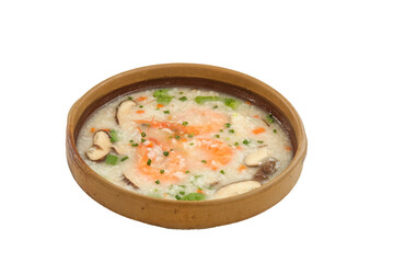 Seafood Congee with Shrimp and Mushrooms in Wooden Bowl on White Background