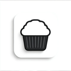 Stylized icon of a cupcake, black and white, representing sweet treats and baking in a rounded square with copy space