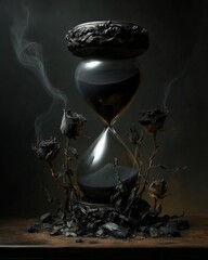 A dark, artistic obsidian hourglass surrounded by black roses and smoke, time, decay, and the passage of life.