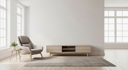 Empty living room mockup a cabinet for TV with armchair in living room with white color wall- 3D rendering