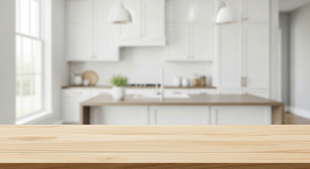 Fototapeta premium Empty wooden table and blurred kitchen white wall background/Wood table top on blur kitchen counter.