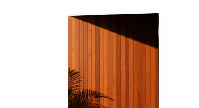Warm wooden wall with a dramatic shadow cast by palm leaves, creating a striking contrast and abstract pattern isolated on transparent background