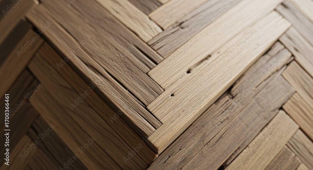 Poster macro image focusing on the joint detail between reclaimed wood planks in a herringbone layout showc