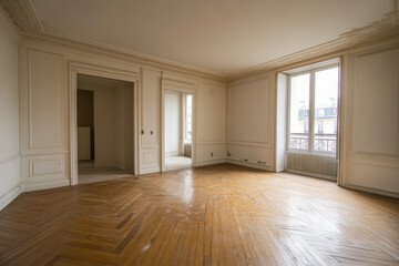 Empty classic apartment interior with white walls ornate ceiling panel molding herringbone wood floor bright natural light tall window doorways.