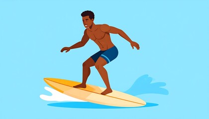 A person rides a surfboard on a light-blue backdrop, showcasing a dynamic summer sport.