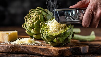 Fresh artichokes being grated with cheese