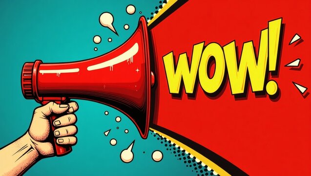 a pop art style image with a megaphone and a 'WOW!' speech bubble. The image is vibrant, bold, and visually striking