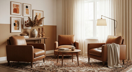 Fototapeta premium Home interior with two armchair and decor in brown color living room.