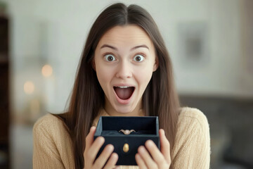 Surprised young woman with wide eyes excitedly holds open a dark gift box containing beautiful jewelry. Happy female receiving a wonderful present indoors.