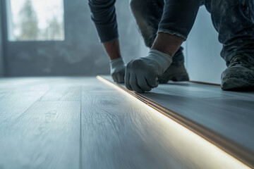 Worker with gloves installing light gray wood look laminate floor planks. Home renovation and construction project for modern interior design. Bright edge detail.