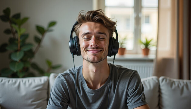 Happy young man listening to music with headphones in a cozy living room - Powered by Adobe