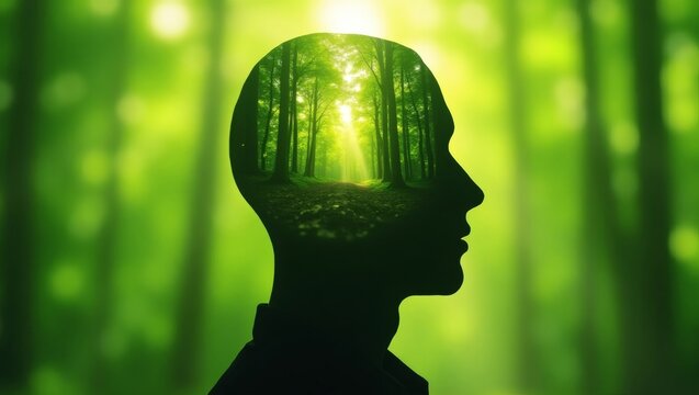 a silhouette of a human head filled with a forest scene, representing the connection between mind and nature