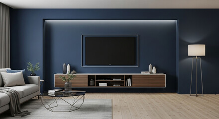 Living room on dark blue wall background with cabinet mockup for TV .3d rendering