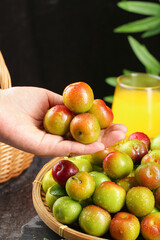 Fresh Red and Green Plums in Hand with Basket and Juice Glass - Healthy Organic Fruit Display