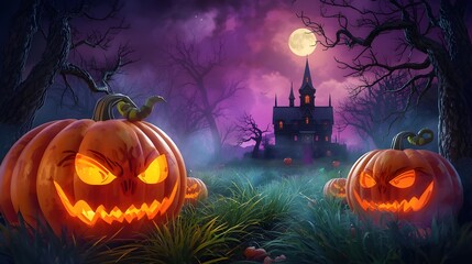 Fototapeta premium Halloween background with pumpkins and haunted house - 3D render. Halloween background with Evil Pumpkin. Spooky scary dark Night forest. Holiday event halloween banner background concept.