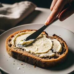 An intimate close-up of a hand spreading creamy cultured butter on a slice of artisanal sourdough, a simple pleasure and mindful ritual featuring gut-friendly fermented food.
