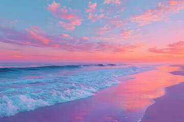 Ocean waves at sunset with pink and blue sky beach