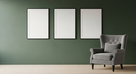 Poster mockup with vertical frames on empty dark green wall with gray velvet armchair.
