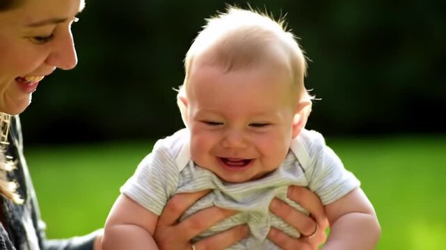 Cute baby learning to walk with support, parent holding baby&rsquo;s hands, emotional milestone moment, indoor or outdoor setting video