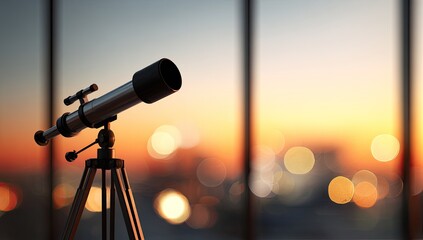 Telescope at sunset through office windows