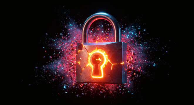 Conceptual illustration of a cracked padlock with neon glow, symbolizing security breach and data protection
