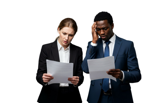 Businessman and businesswoman looking worried while reading documents, isolated on white background, transparent PNG cutout