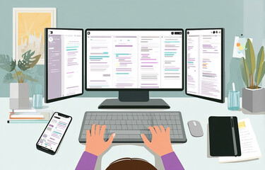 Multiscreen workspace showcasing coding and information analysis proficiency