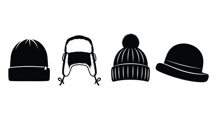 Fototapeta premium Collection of four distinct winter hats and beanies in silhouette style vector