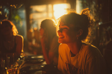 Happy friends enjoying a vintage listening party with laughter and light