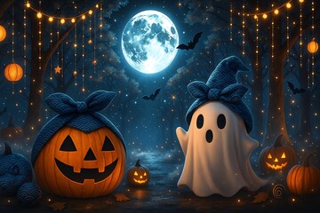提灯とイルミネーションが輝く森の和風ハロウィン