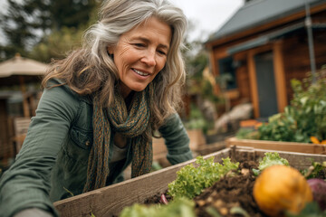 Senior woman joyfully composting vegetable scraps to nourish her garden