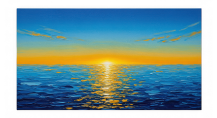 An impressionistic oil painting of a vibrant sunset over a deep blue ocean with shimmering golden light reflections isolated on transparent background