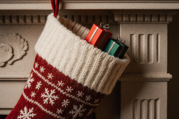 Christmas stocking with red and white pattern, hanging on ornate beige fireplace, containing red and green gift boxes. 