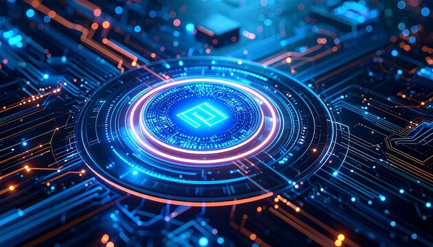 Futuristic digital circuit design with glowing blue and orange lights, centered with a core structure, intricate pathways