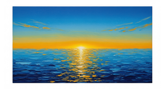 An impressionistic oil painting of a vibrant sunset over a deep blue ocean with shimmering golden light reflections isolated on transparent background