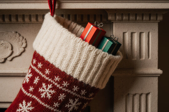 Christmas stocking with red and white pattern, hanging on ornate beige fireplace, containing red and green gift boxes. 